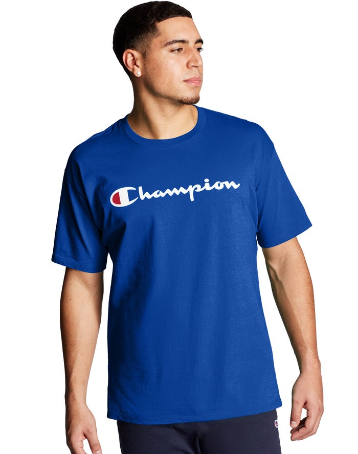Champion Classic Jersey Script Logo Blue T-Shirt Mens - South Africa TXQBHD926